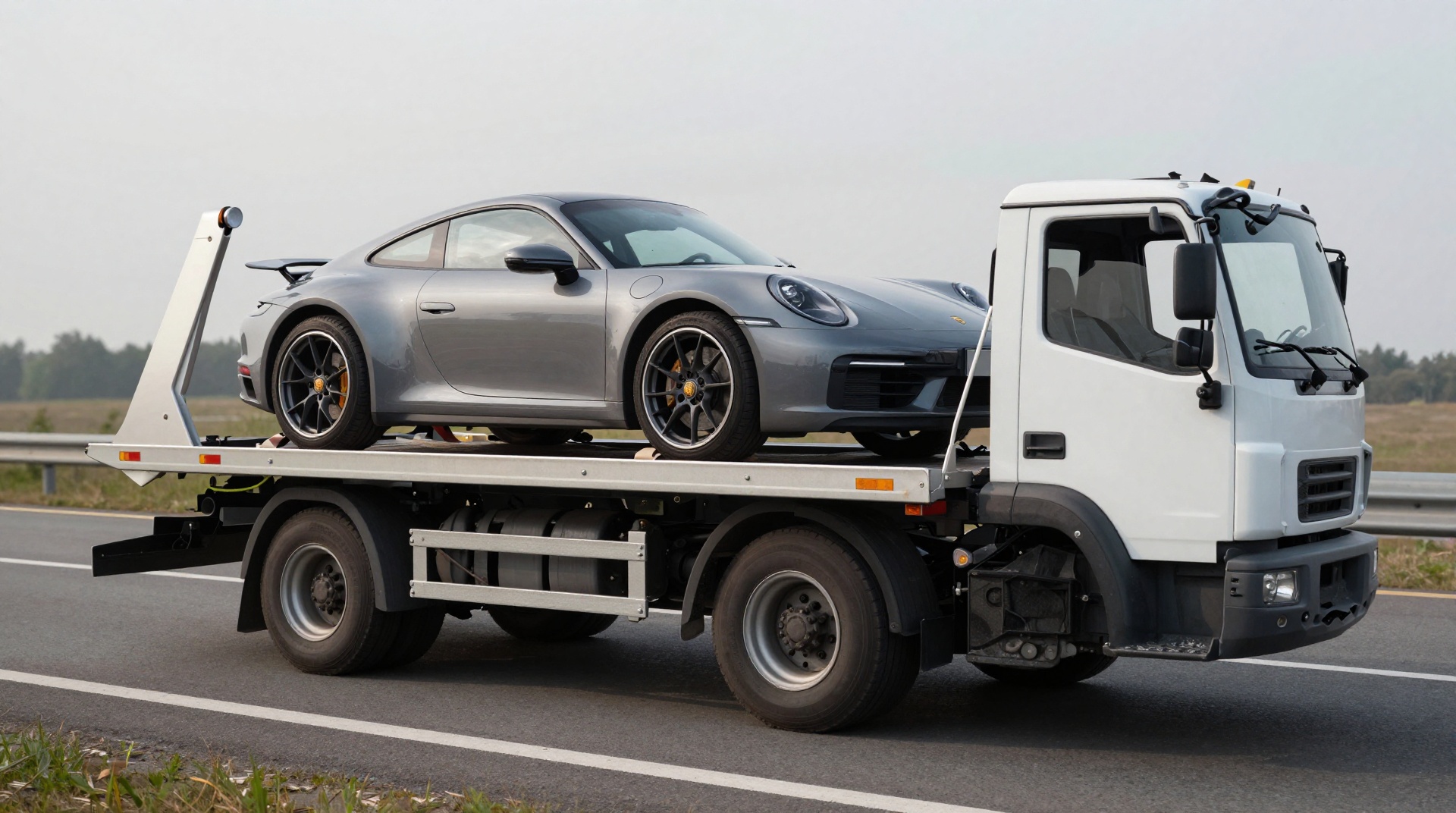 Спортивный автомобиль аккуратно установлен на открытой платформе эвакуатора